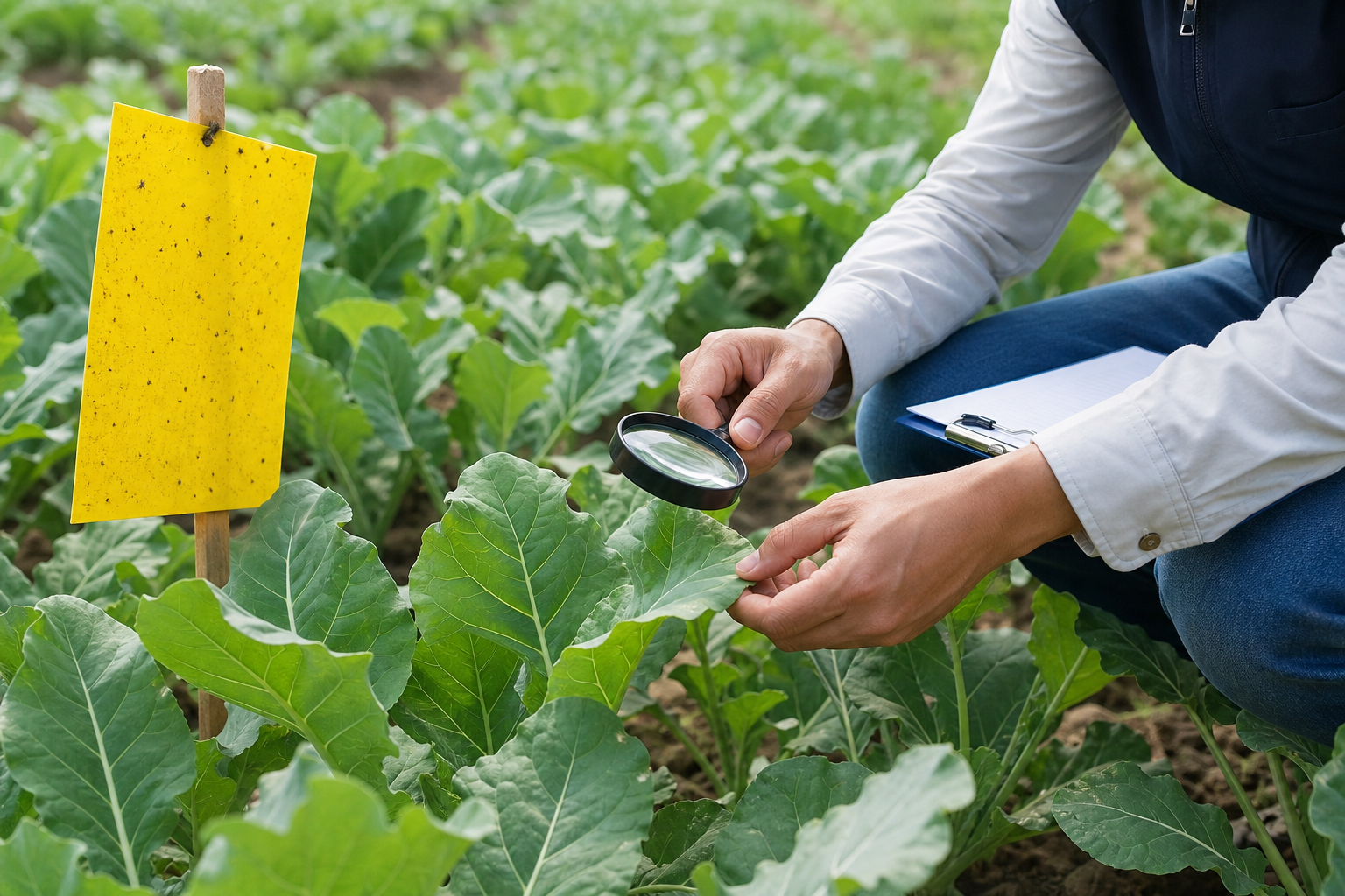 Monitoreo preventivo de plagas con trampa amarilla en cultivo