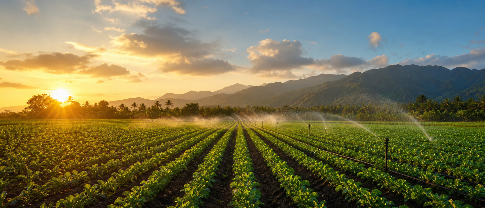 Finca productiva con riego agricola al atardecer