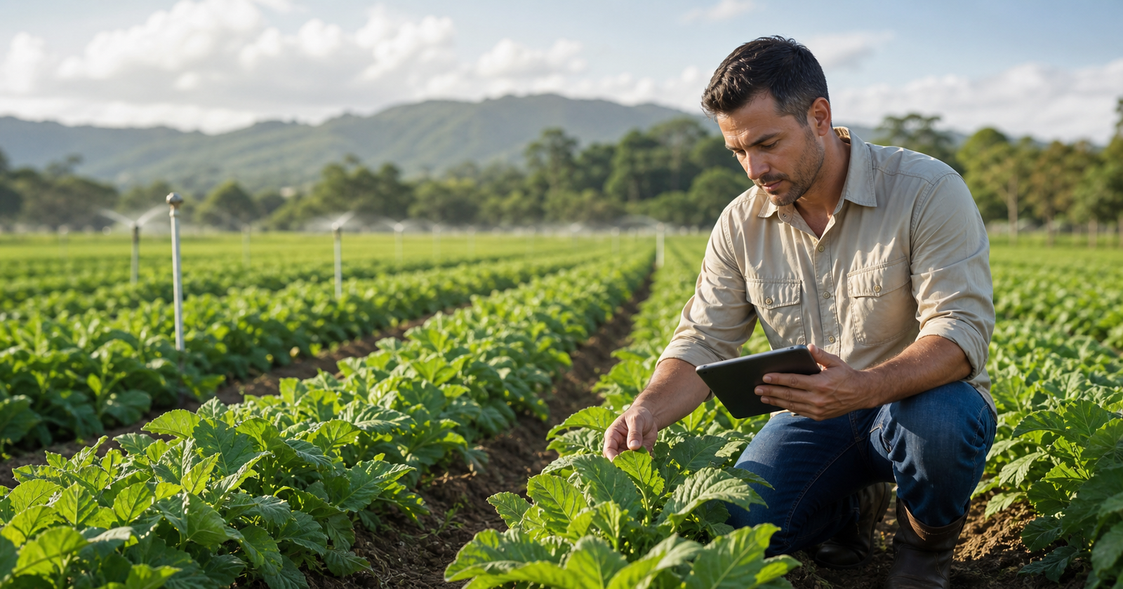 Ingeniero agronomo revisando un cultivo con tablet en campo
